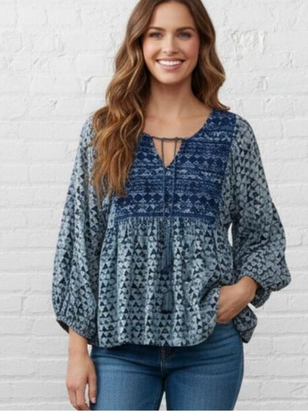 Sigrid Olsen Cotton Boho Split-Neck Peasant Top in Blue